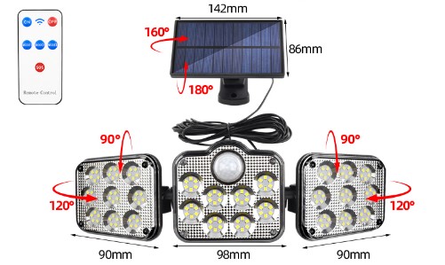 Solarleuchten für den Außenbereich mit Bewegungssensor, 138 LED Strahler Outdoor mit Fernbedienung, IP65 Wasserdicht, 360° Beleuchtungswinkel, 3 Modi